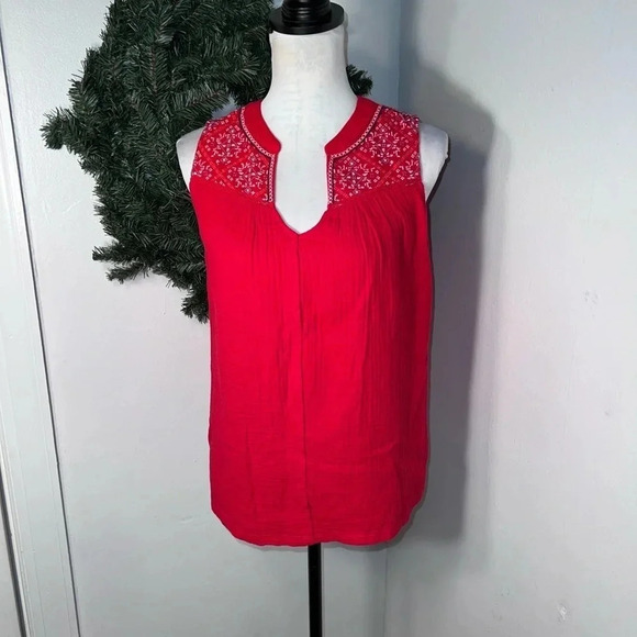 Knox Rose,NWT, S, sleeveless red tunic,handkerchief pattern henley collar blouse - Picture 7 of 8